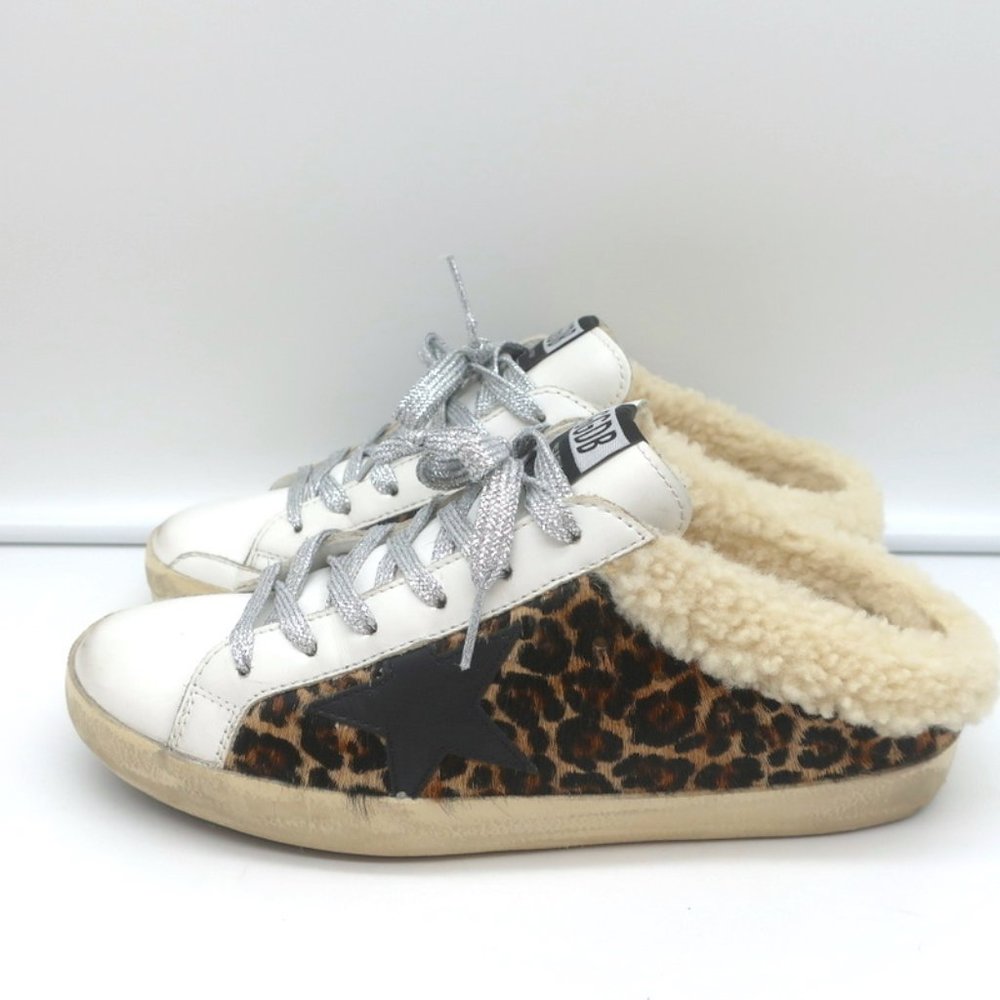 GOLDEN GOOSE SUPERSTAR SABOT SHEARLING SNEAKERS LEOPARD PRINT CALF HAIR SIZE 37 - Picture 5 of 10